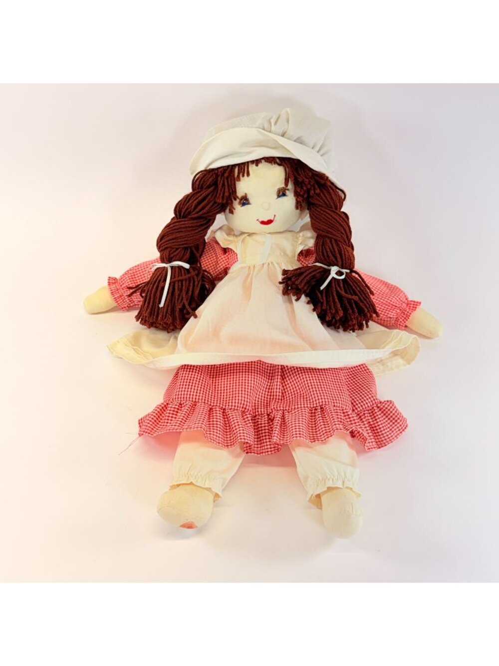 Handmade Rag Doll With Red Gingham Dress & Braided Yarn Hair 22 Inches Vintage